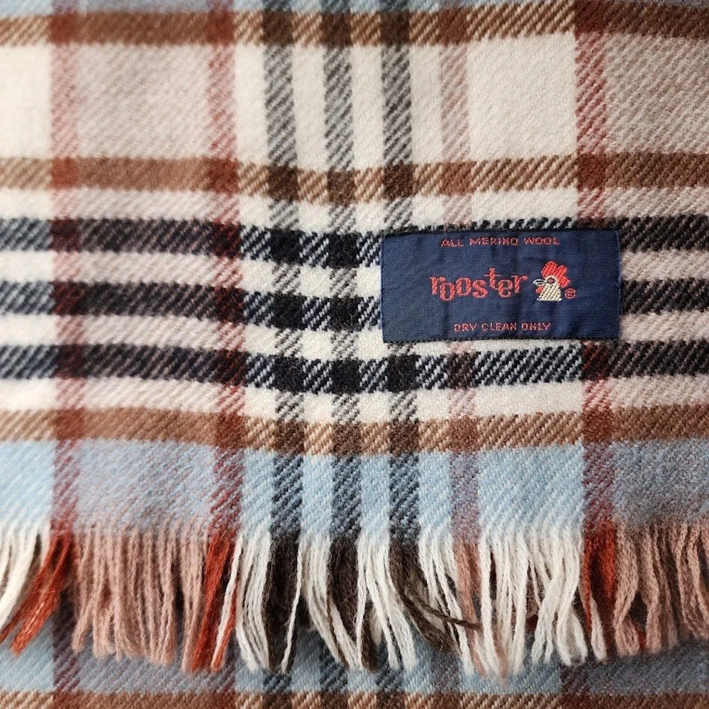 VINTAGE ROOSTER Plaid Wool Fringe Scarf 50x11 Preppy‎ Academia
